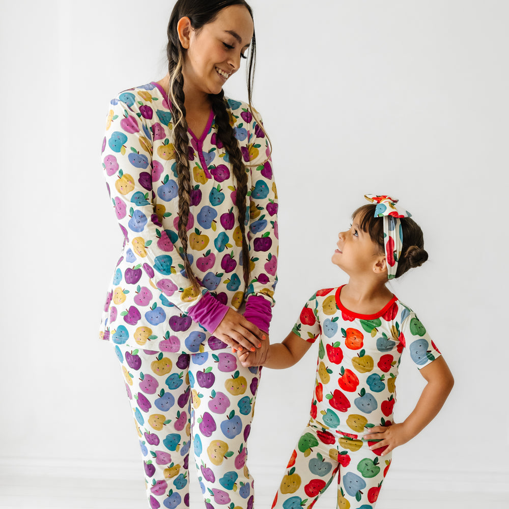 Mother and child wearing coordinating Apple of My Eye pajamas