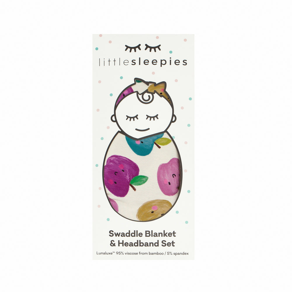 Berry Apple of my Eye swaddle and luxe bow headband set in Little Sleepies peek-a-boo packaging