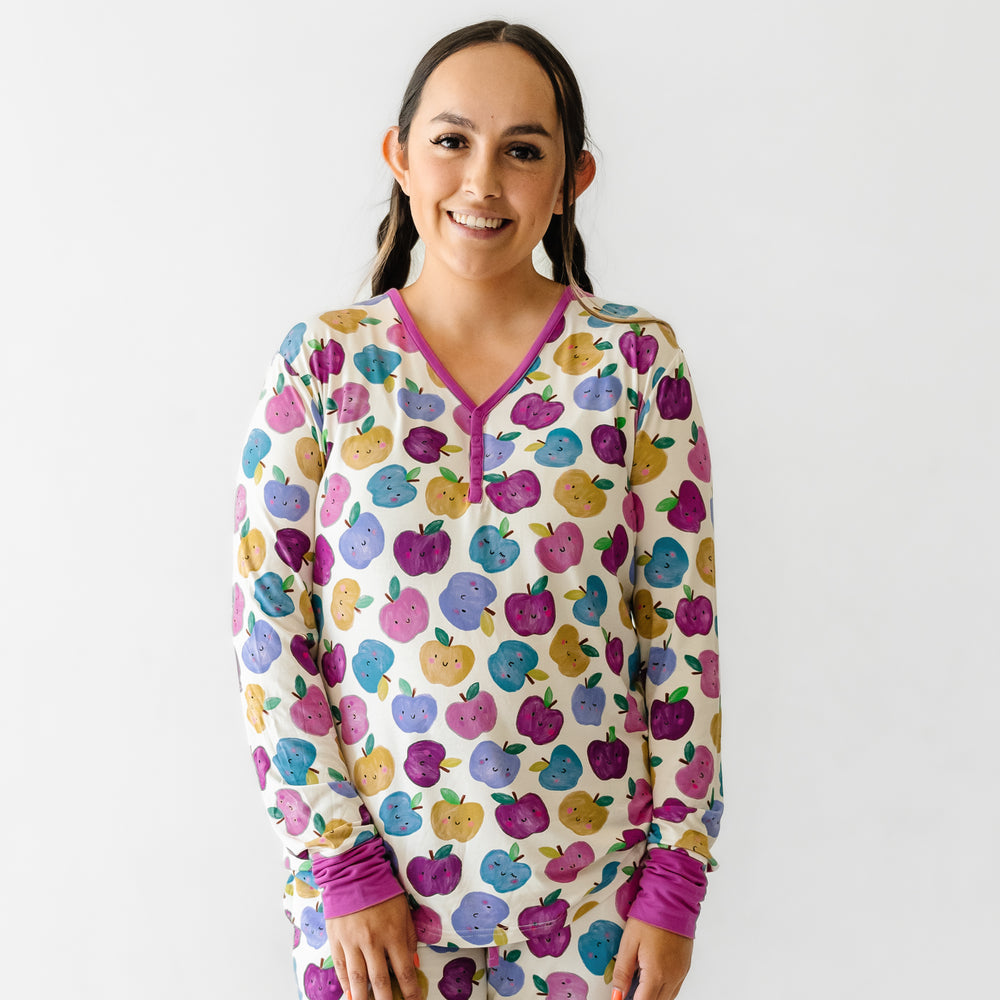 Click to see full screen - Woman wearing a Berry Apple of My Eye women's pajama top
