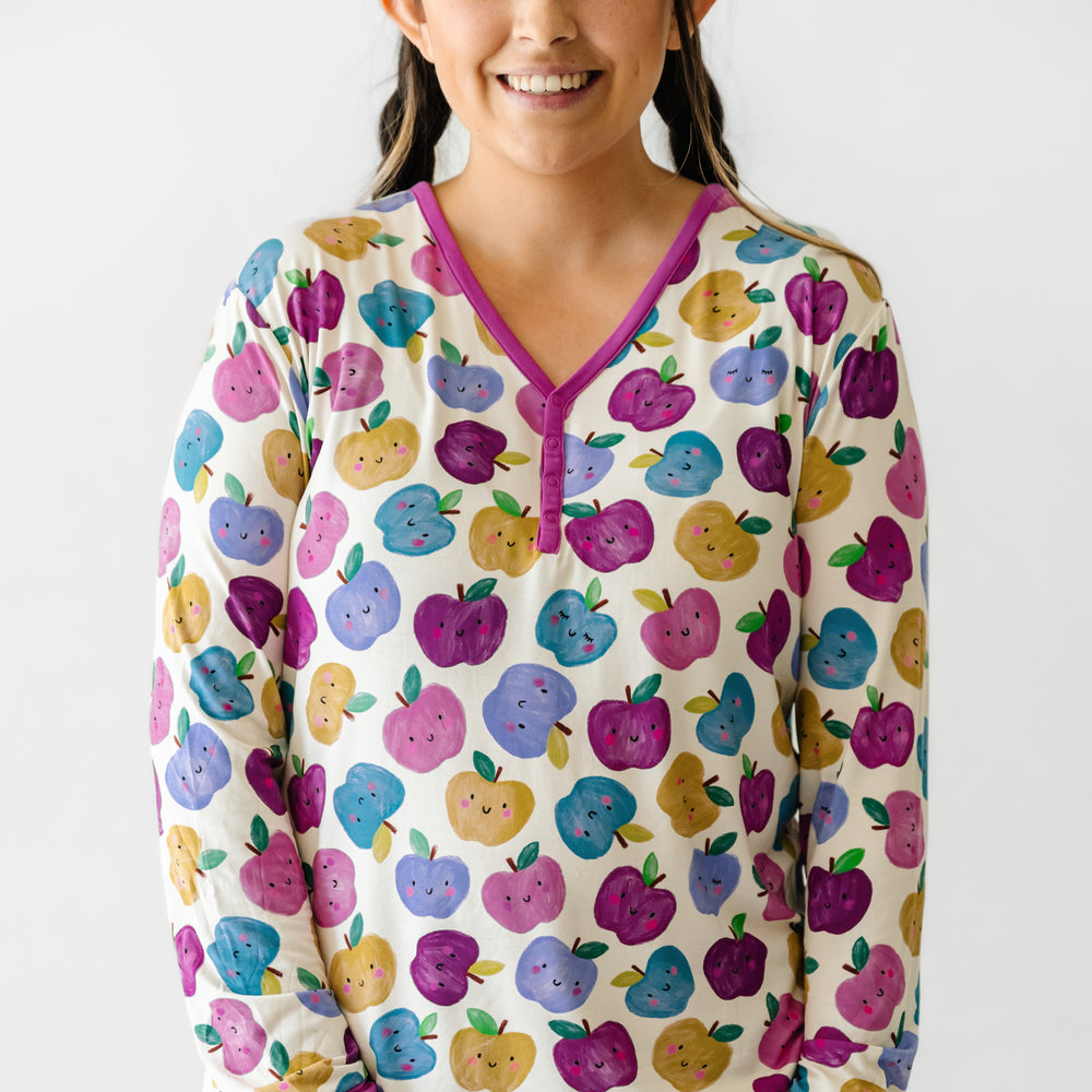 Click to see full screen - Close up image of a woman wearing a Berry Apple of My Eye women's pajama top