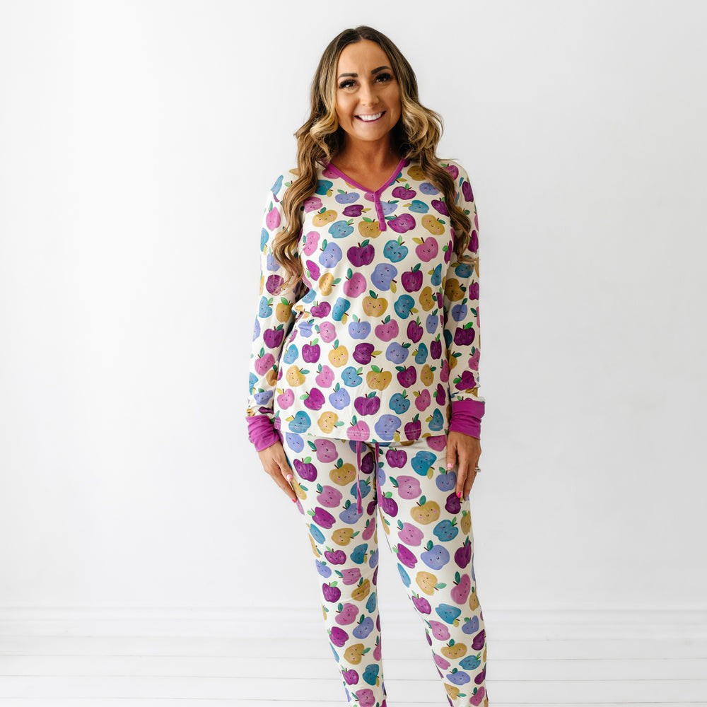 Click to see full screen - Woman wearing a Berry Apple of My Eye women's pajama top and matching pajama pants