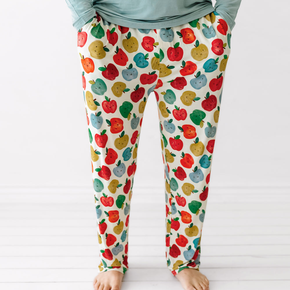 Click to see full screen - Close up image of a man wearing Red Apple of My Eye men's pajama pants