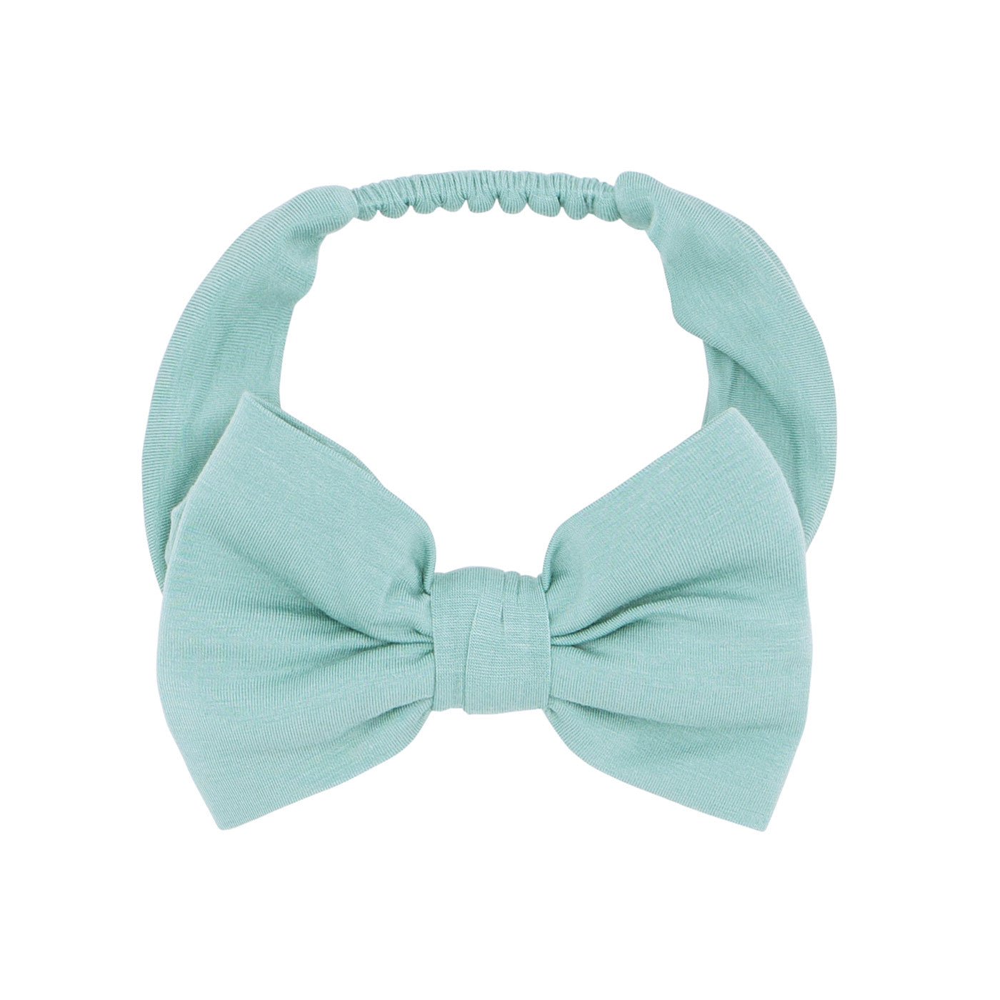Flat lay image of an Aqua Mist luxe bow headband in size age 3 to age 8