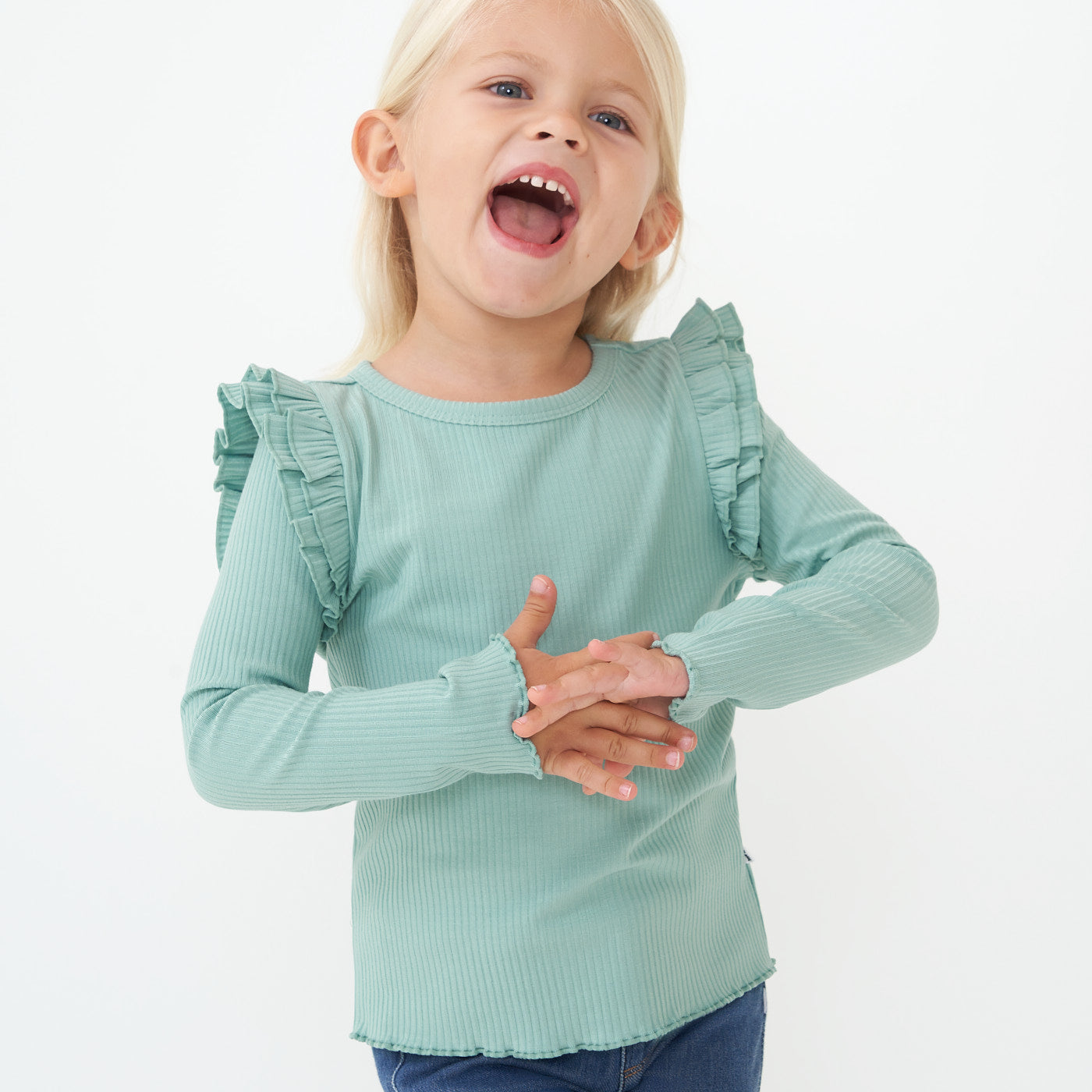 Alternate image of a child wearing a Aqua Mist Ribbed Flutter Lettuce Tee