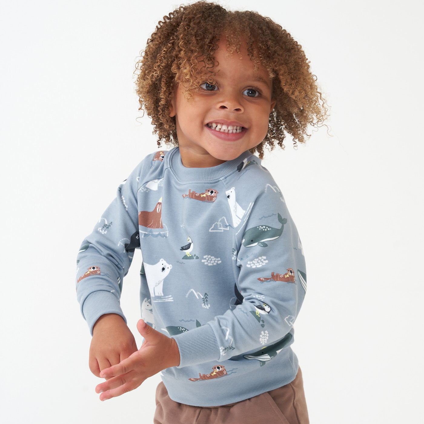 Close up image of a child wearing an Arctic Animals printed crewneck sweatshirt and coordinating joggers