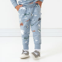 Alternate close up image of a child wearing Arctic Animals printed joggers