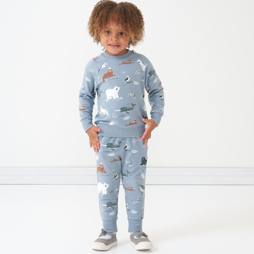Child with their hands on their hips wearing Arctic Animals printed joggers and matching crewneck sweatshirt