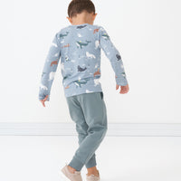 Back view image of a child wearing an Arctic Animals printed pocket tee and coordinating joggers