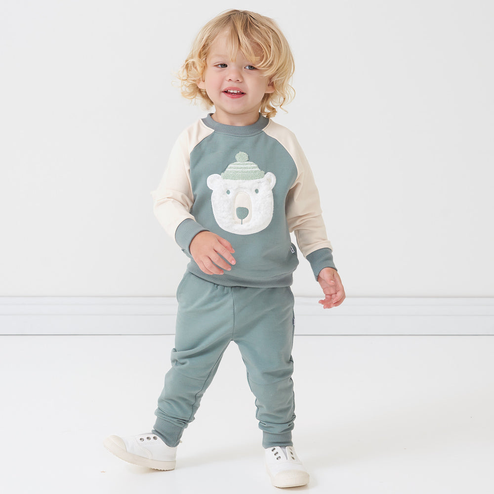 Alternate image of a child wearing a Polar Bear crewneck sweatshirt and coordinating Vintage Teal joggers