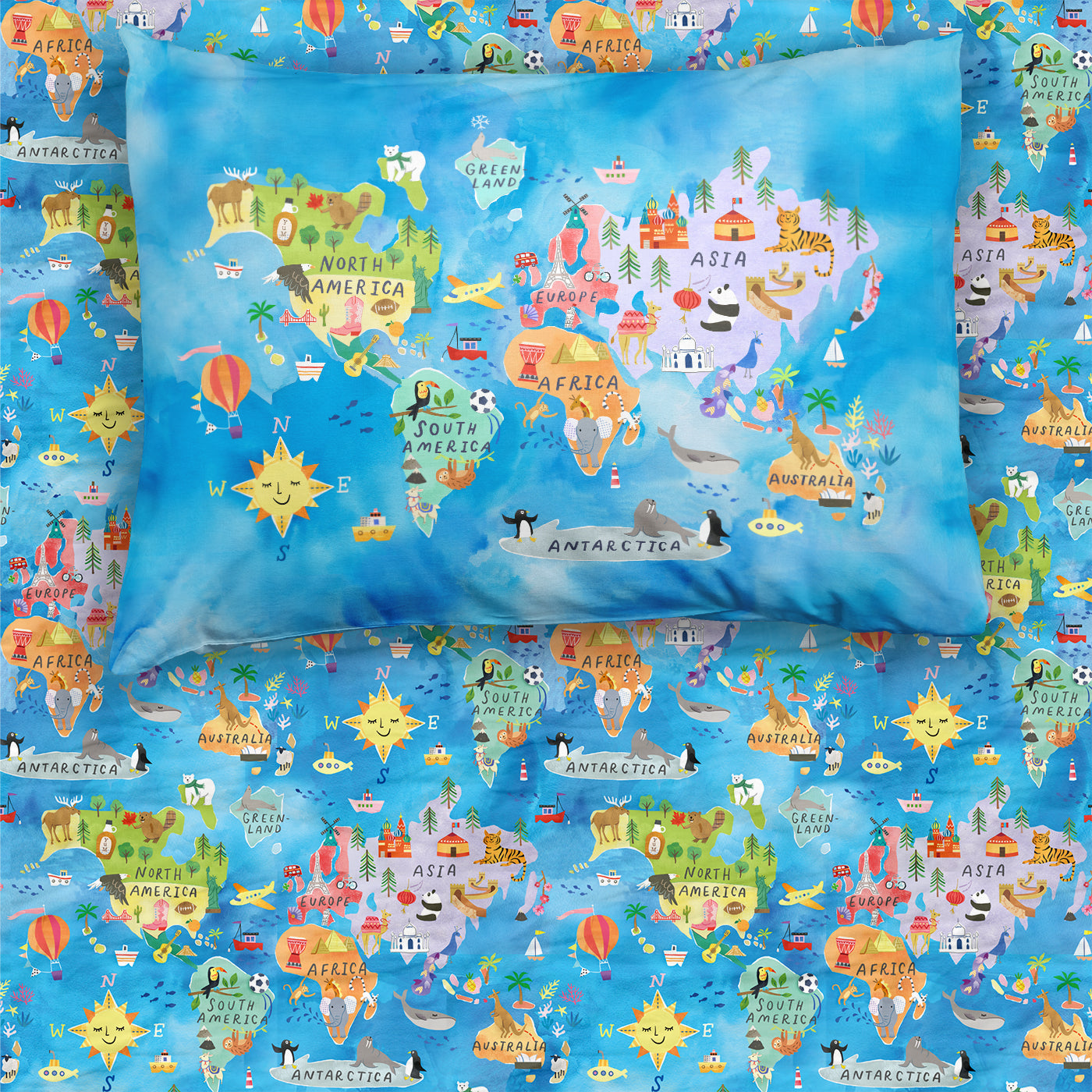 Around the World Twin Sheet Set on a pillow and mattress
