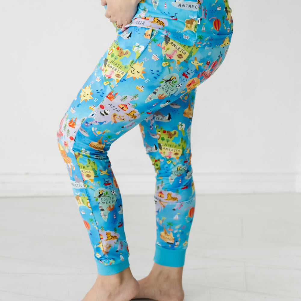 Close up profile view of a woman wearing Around the World Women's Pajama Pants