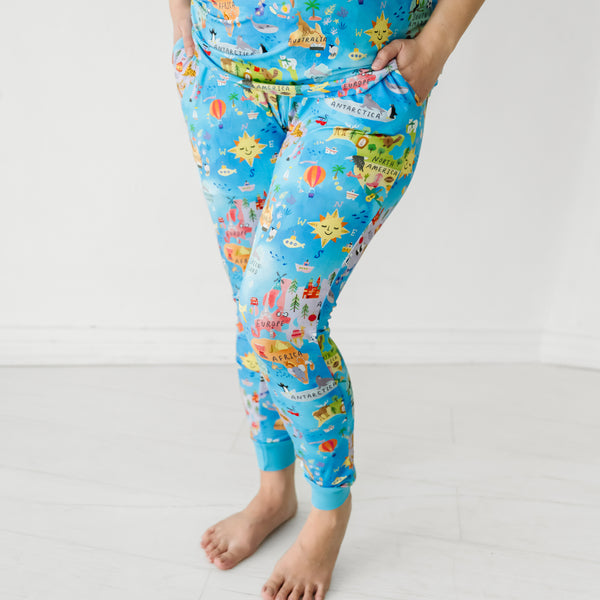 Close up of a woman wearing Around the World bamboo women's pajama pants
