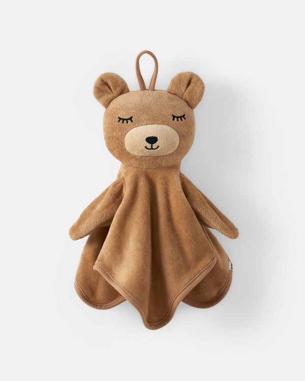 A brown plush bear security blanket with a matching fabric tie, shown against a light gray background.