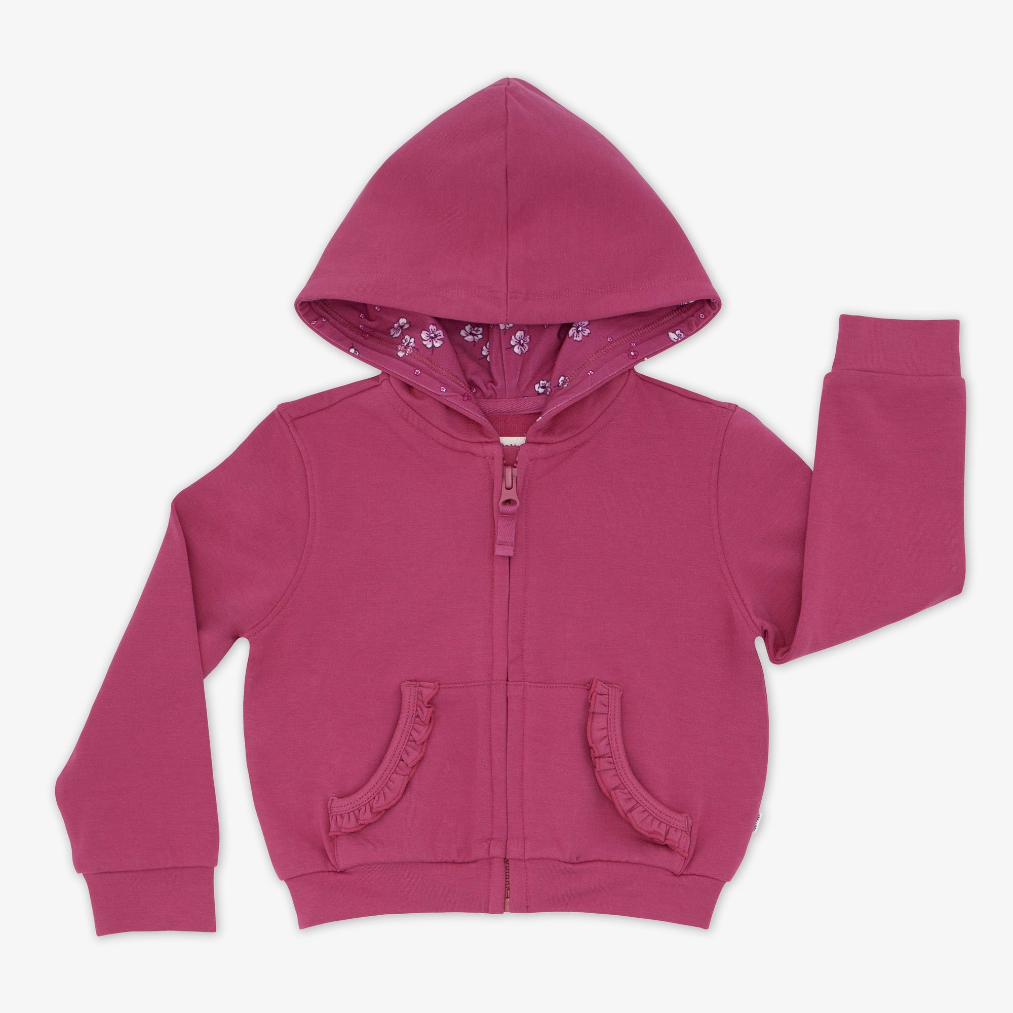 Flat lay image of the Berry Rose Ruffle Hoodie