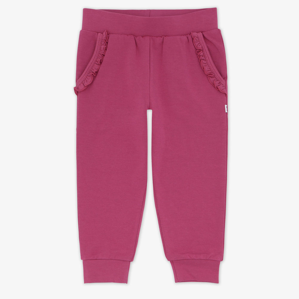 Flat lay image of the Berry Rose Ruffle Jogger