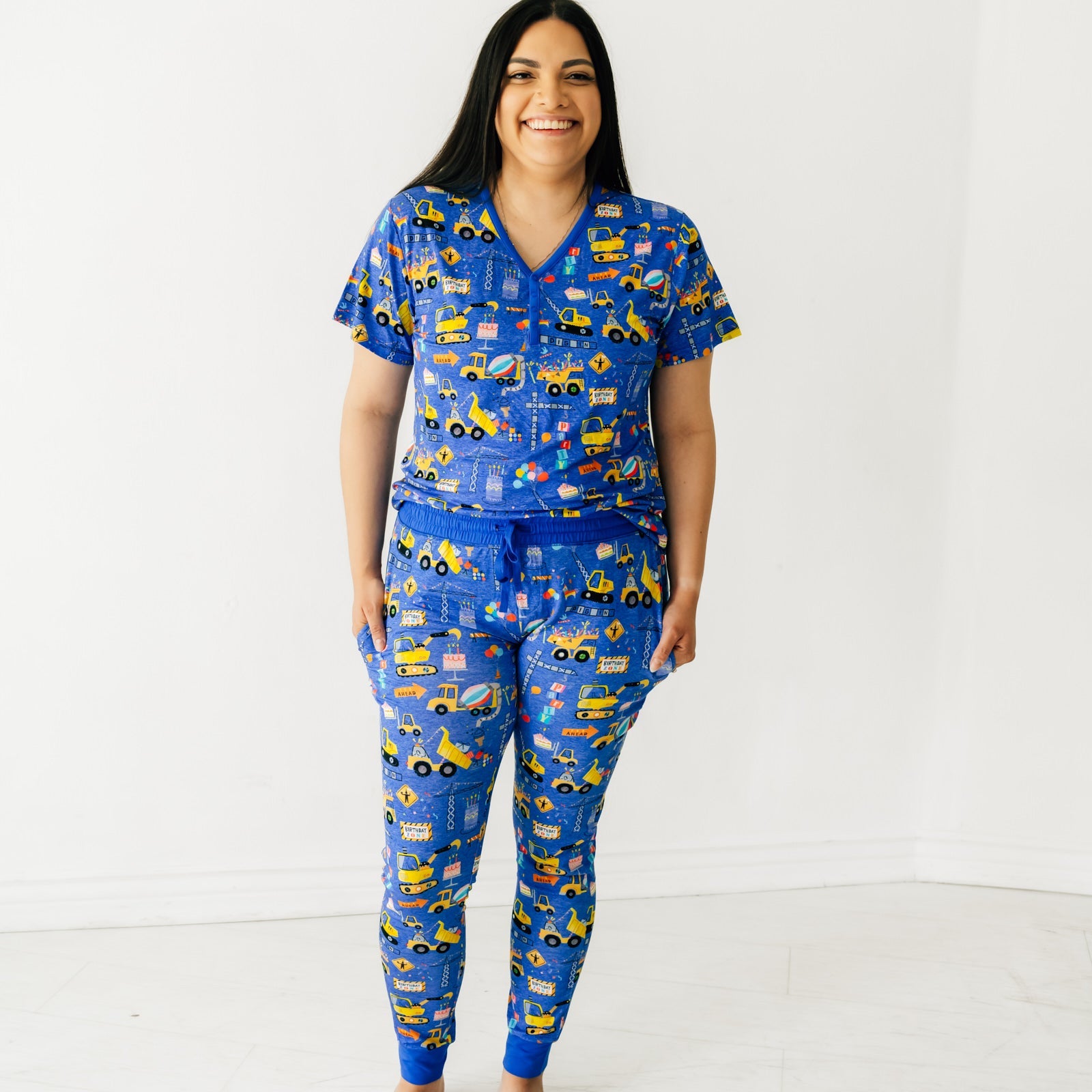 Woman wearing Birthday Builders Women's Pajama Pants and Short Sleeve Pajama Top