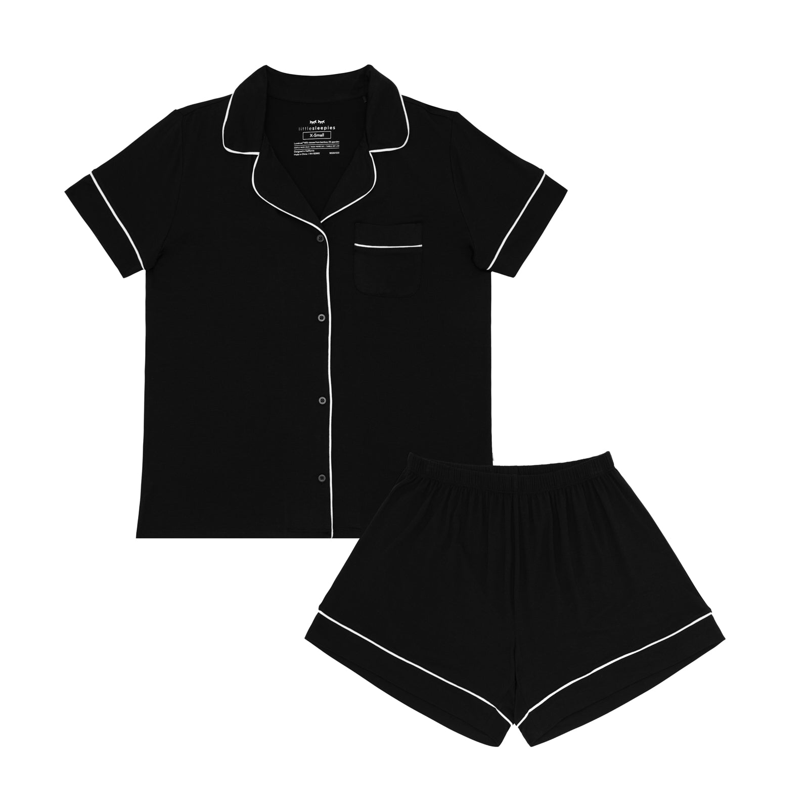 Flat lay image of a solid Black women's short sleeve and shorts pajama set
