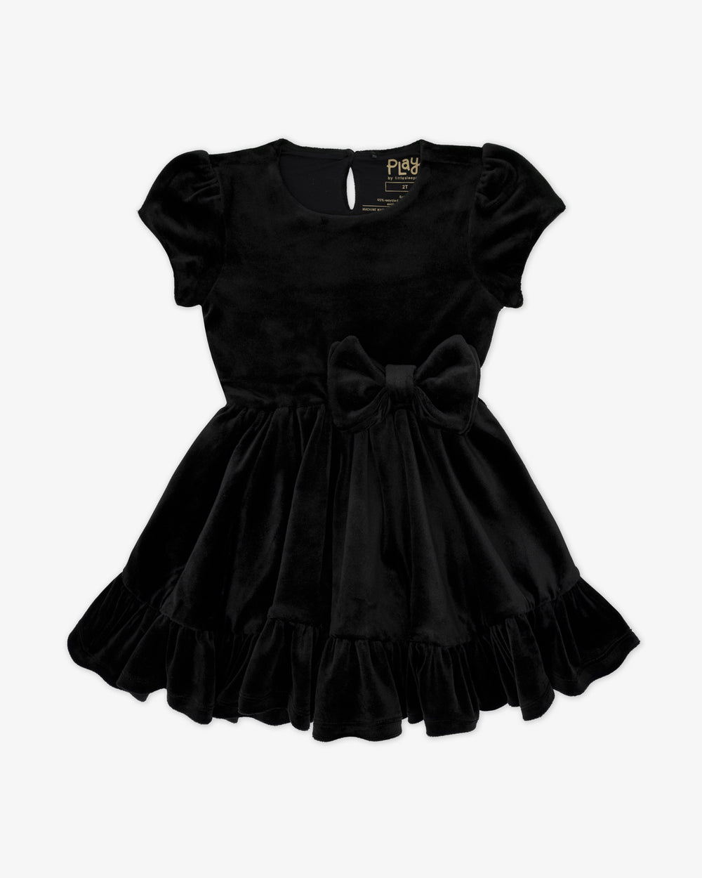 Flat lay of the Black Velvet Tiered Bow Trim Dress