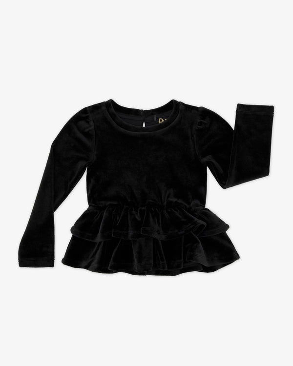 Flat lay of the Black Velvet Tiered Peplum Top