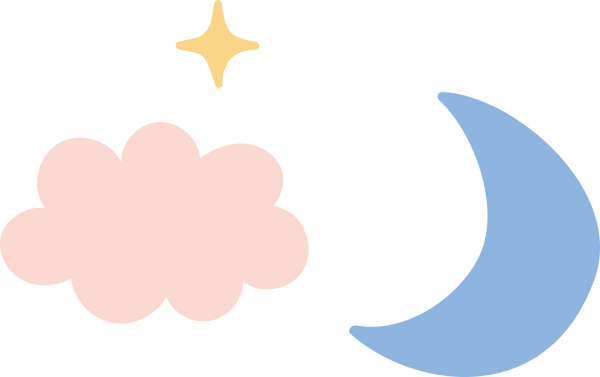 Pastel pink cloud, yellow star, and blue crescent moon on a white background