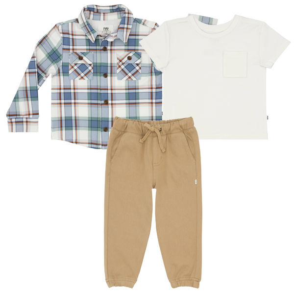 Blue Ridge Plaid Shacket, Soft White Relaxed Pocket Tee, and Toasted Hazelnut Denim Jogger