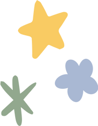 Illustration of a yellow star, green star, and a blue flower