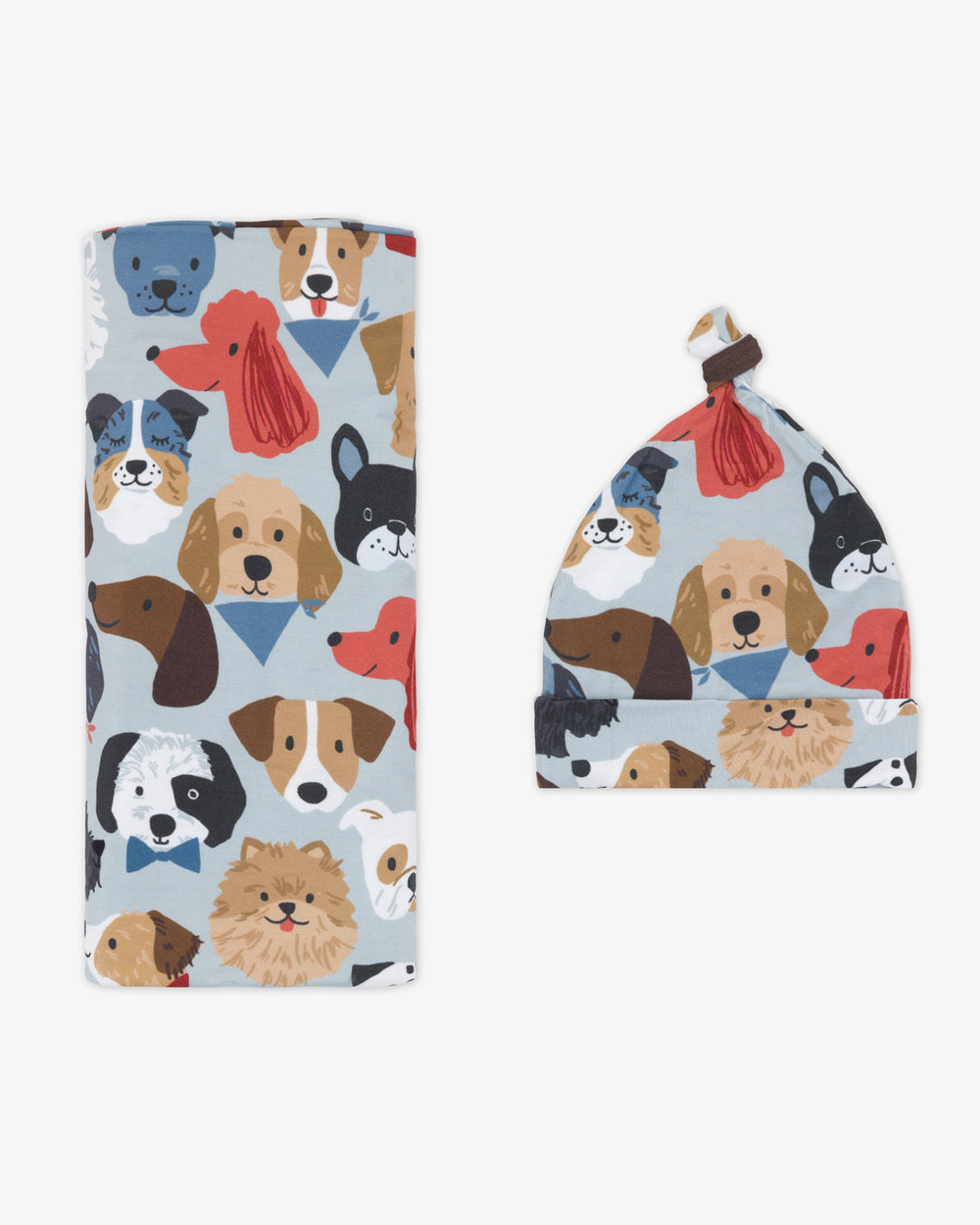 Flat lay of the Gray Puppy Parade Swaddle & Hat Set