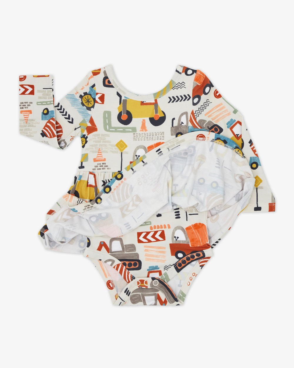 Flat lay of the Mini Builders Skater Dress with Bodysuit showing the built in bodysuit