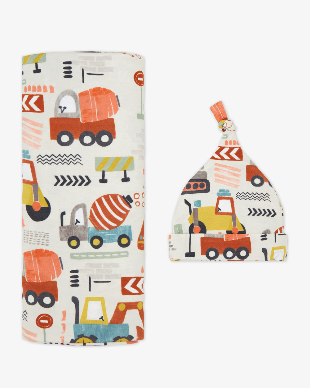 Flat lay of the Mini Builders Swaddle & Hat Set