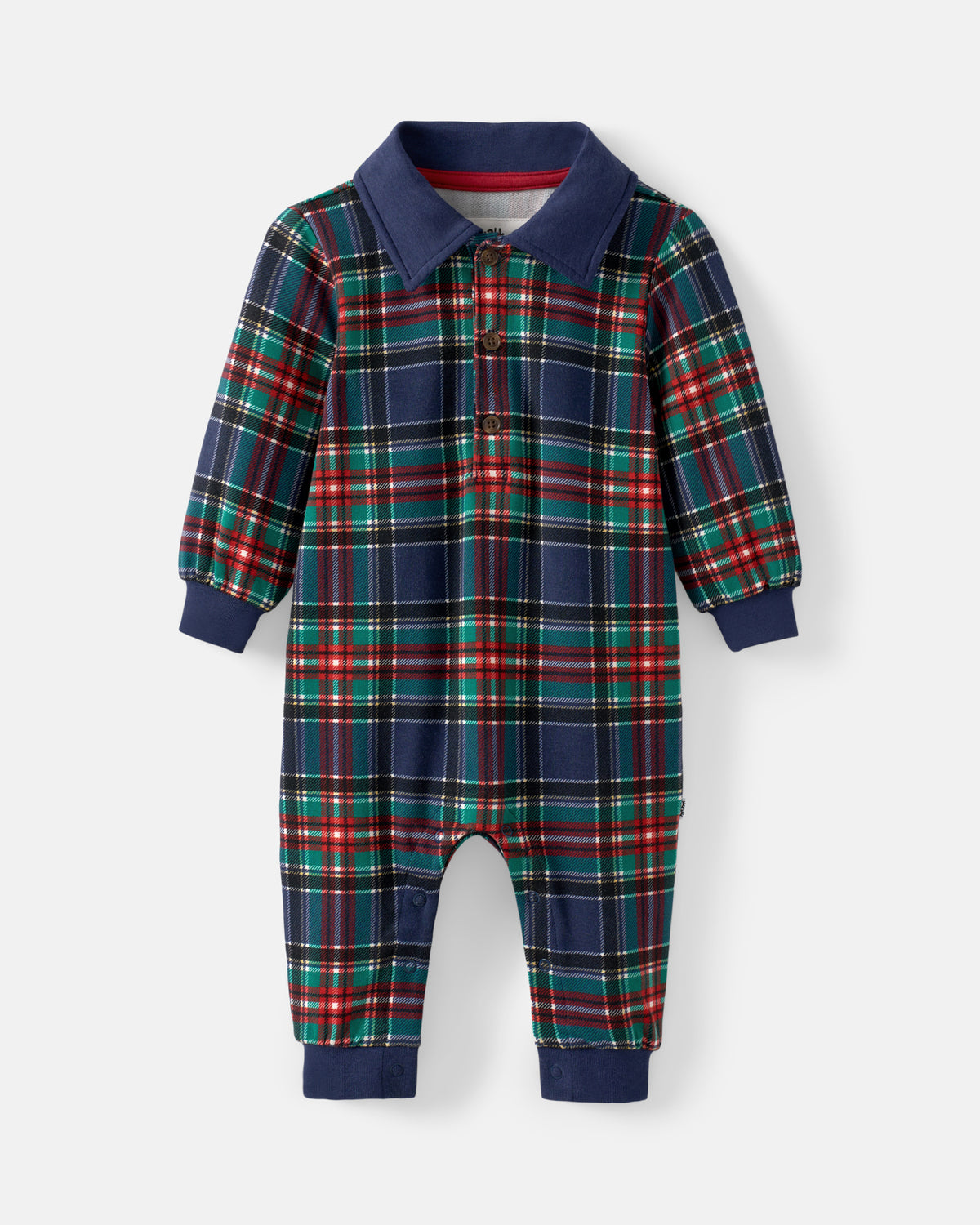 A baby long-sleeve one-piece jumpsuit featuring a navy blue base with a red, green, and white plaid pattern, complete with a matching navy blue collar and cuffs.