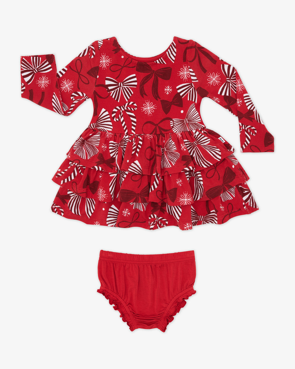 Flat lay of the Holiday Bows Tiered Dress with Bloomer