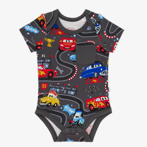 Flat lay of the Disney & Pixar Piston Cup Pocket Bodysuit