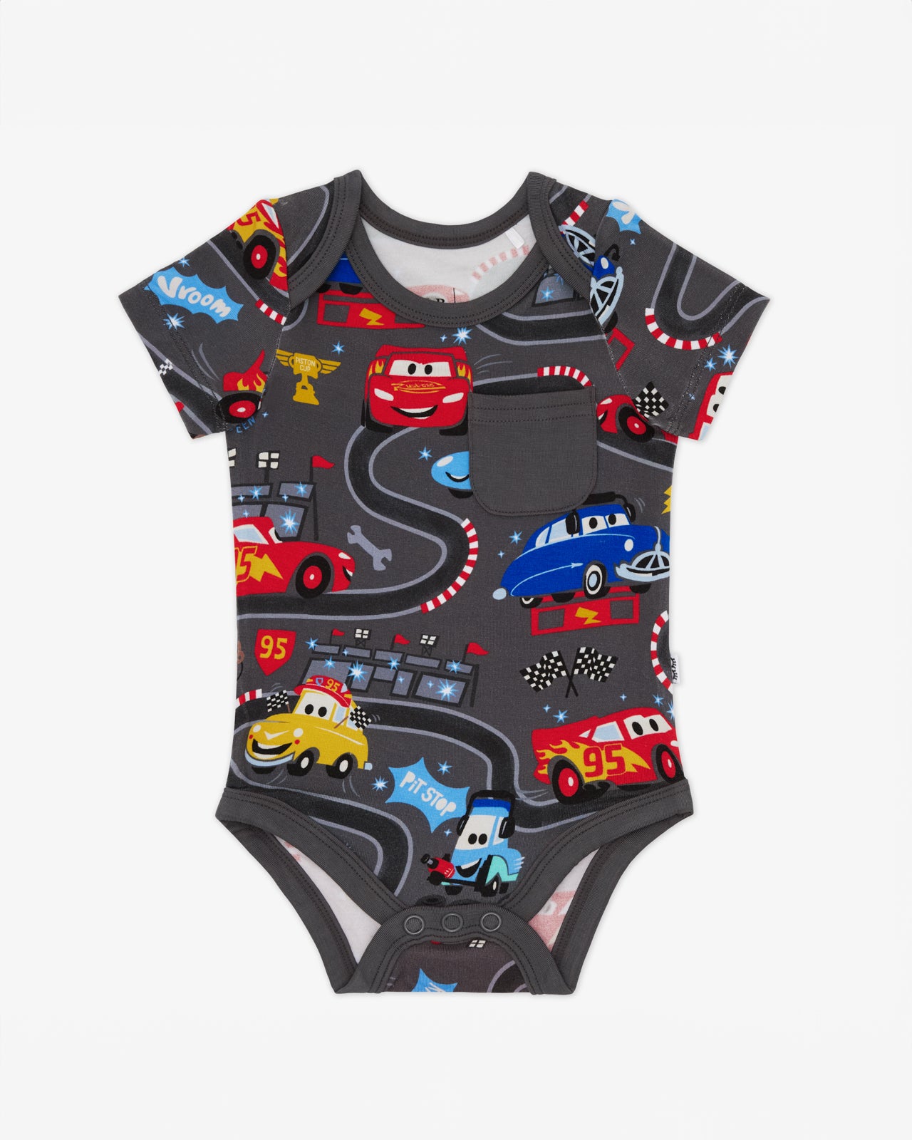 Flat lay of the Disney & Pixar Piston Cup Pocket Bodysuit