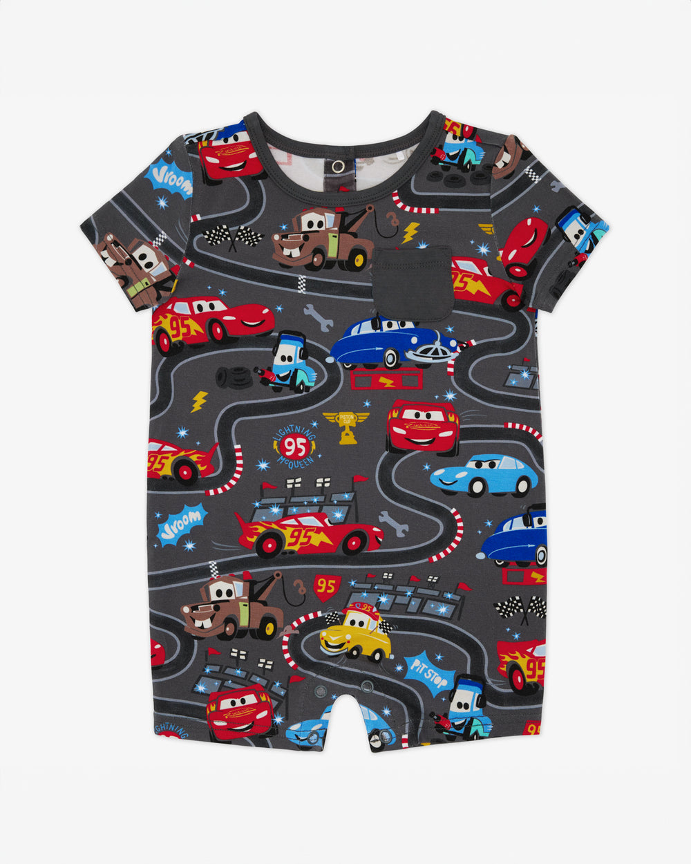 Flat lay of the Disney & Pixar Piston Cup Pocket Shorty Romper