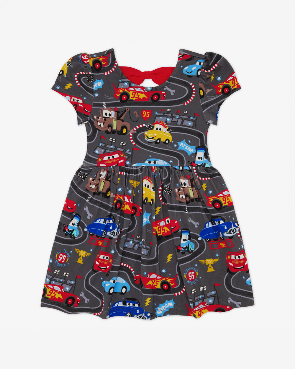 Flat lay of the Disney & Pixar Piston Cup Bow Back Skater Dress