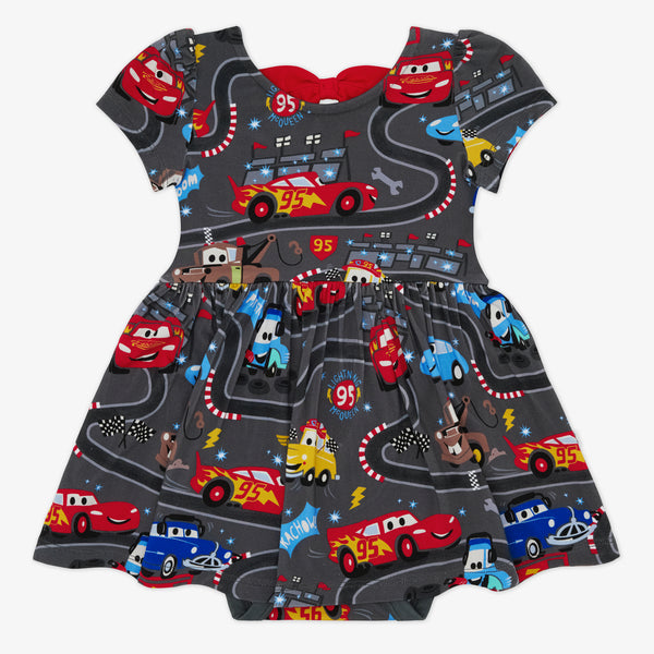 Flat lay of the Disney & Pixar Piston Cup Bow Back Skater Dress with Bodysuit