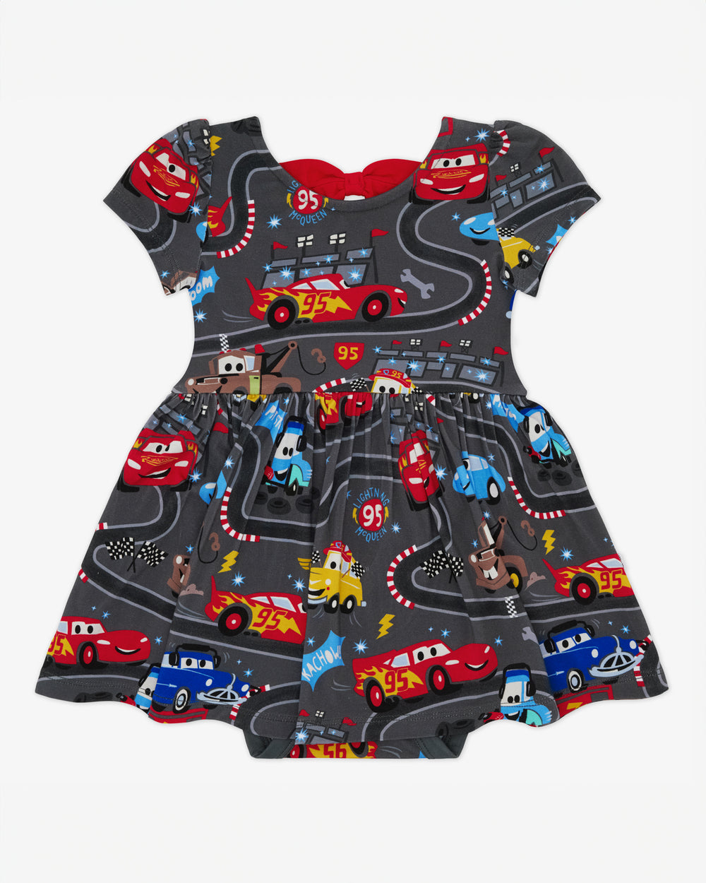 Flat lay of the Disney & Pixar Piston Cup Bow Back Skater Dress with Bodysuit