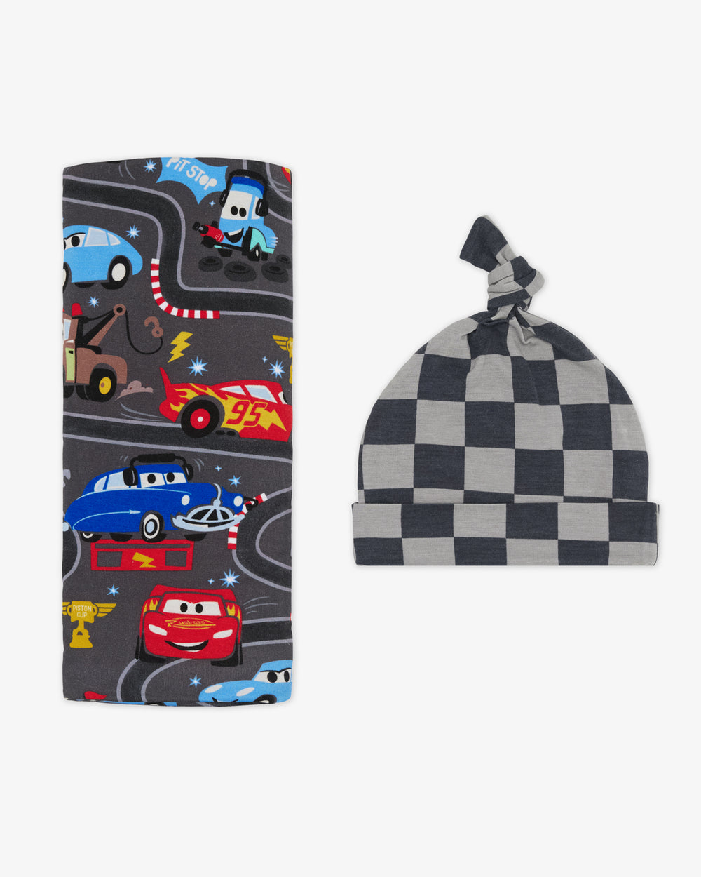 Flat lay of the Disney & Pixar Piston Cup Swaddle & Hat Set