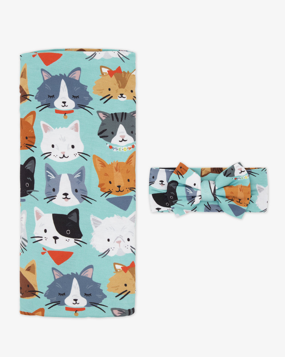 Flat lay of the Purrfect Pals Swaddle & Luxe Bow Headband Set