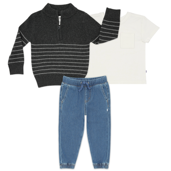 Charcoal Stripes Zip Sweater, Soft White Relaxed Pocket Tee, and Midwash Blue Denim Jogger