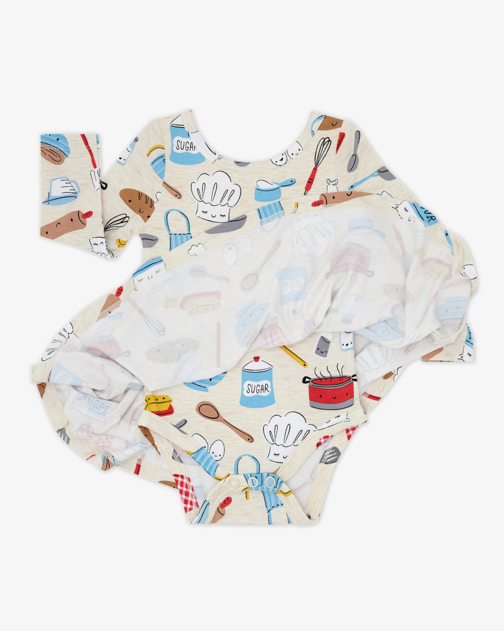 Flat lay of the Little Chef Twirl Dress with Bodysuit showing the snap bodysuit