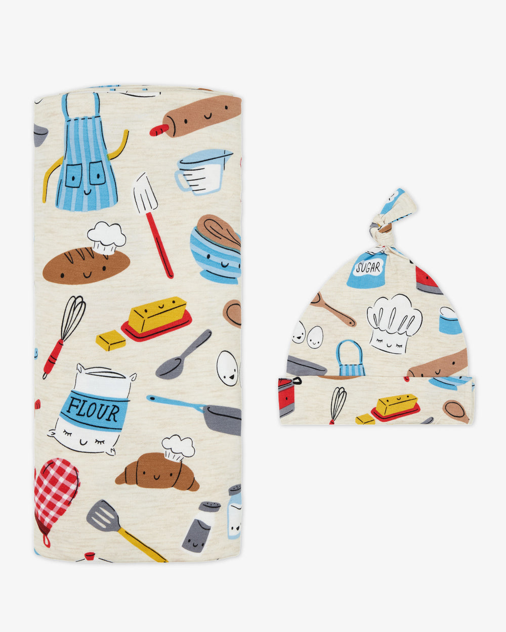 Flat lay of the Little Chef Swaddle & Hat Set