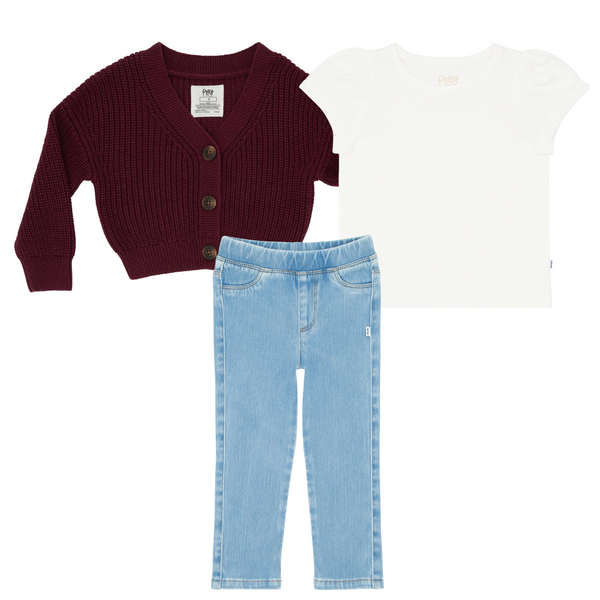 Classic Burgundy Cropped Sweater, Soft White Puff Sleeve Tee, and Light Blue Denim Jegging