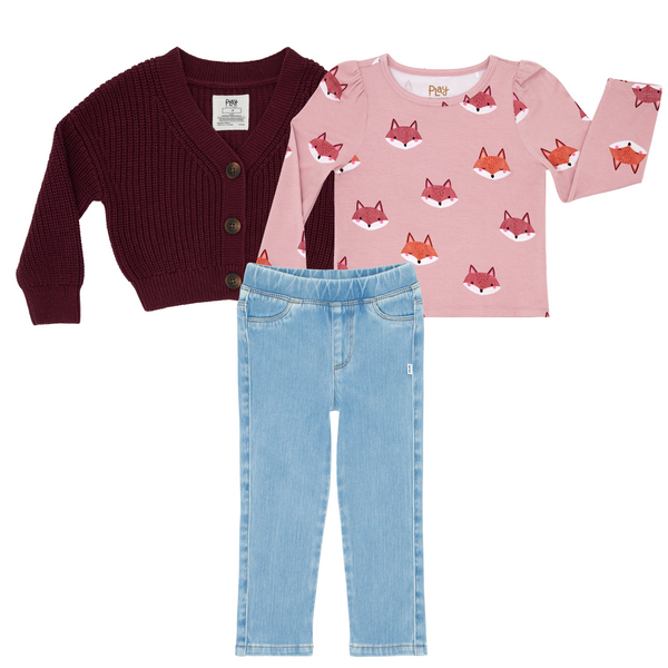 Classic Burgundy Cropped Sweater, Fox Tracks Puff Sleeve Tee, and Light Blue Denim Jegging