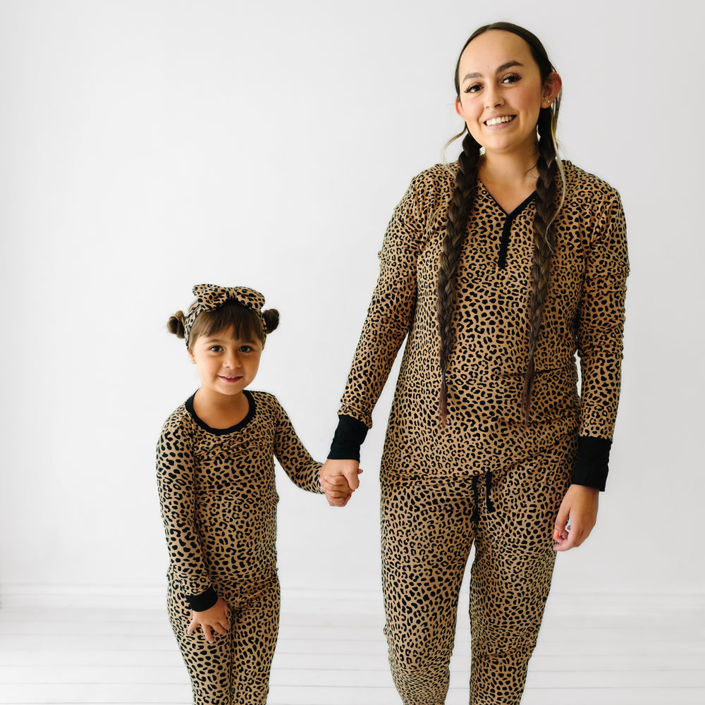 Mother and child wearing matching Classic Leopard pajamas