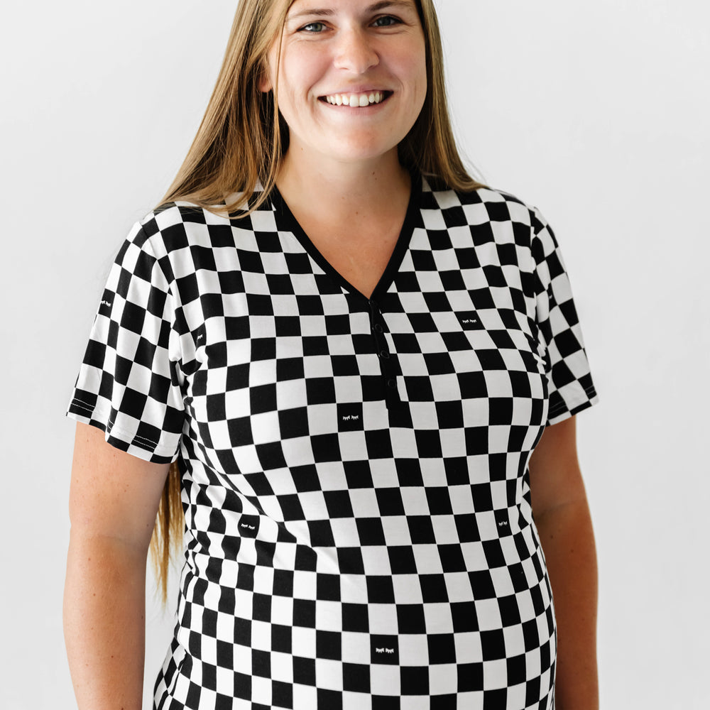 alternate close up image of a women wearing Cool Checks printed women's pajama top