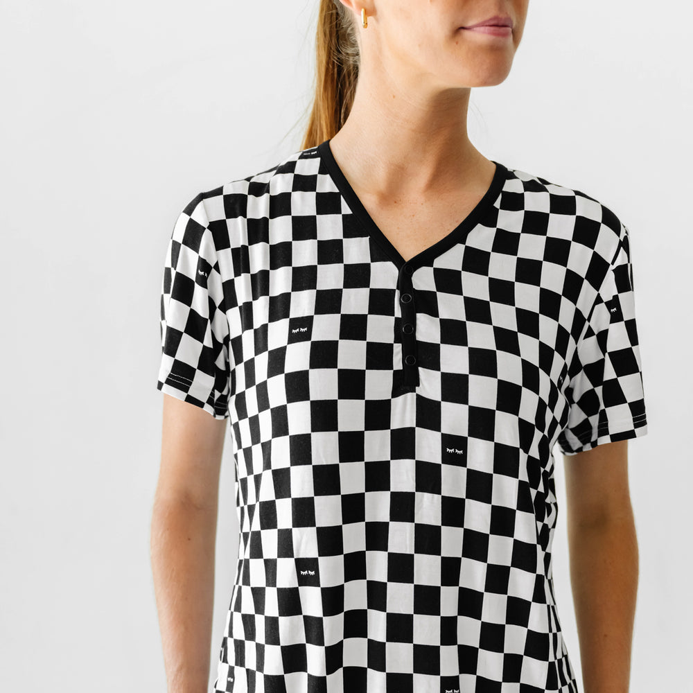 Click to see full screen - close up image of a women wearing Cool Checks printed women's pajama top