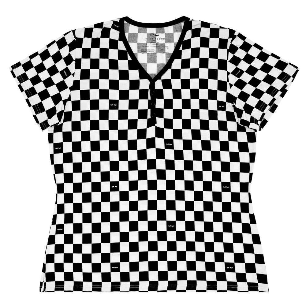 Click to see full screen - Flat lay image of women's Cool Checks printed pajama top