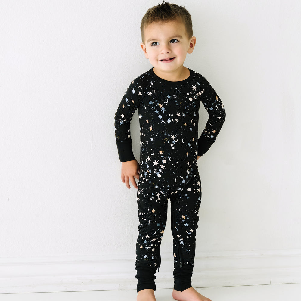 Alternate image of a child wearing a Counting Stars printed crescent zippy