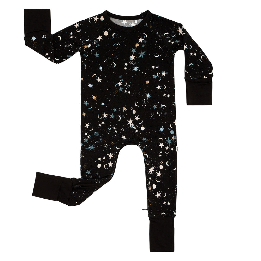 Flat lay image of a Counting Stars printed crescent zippy